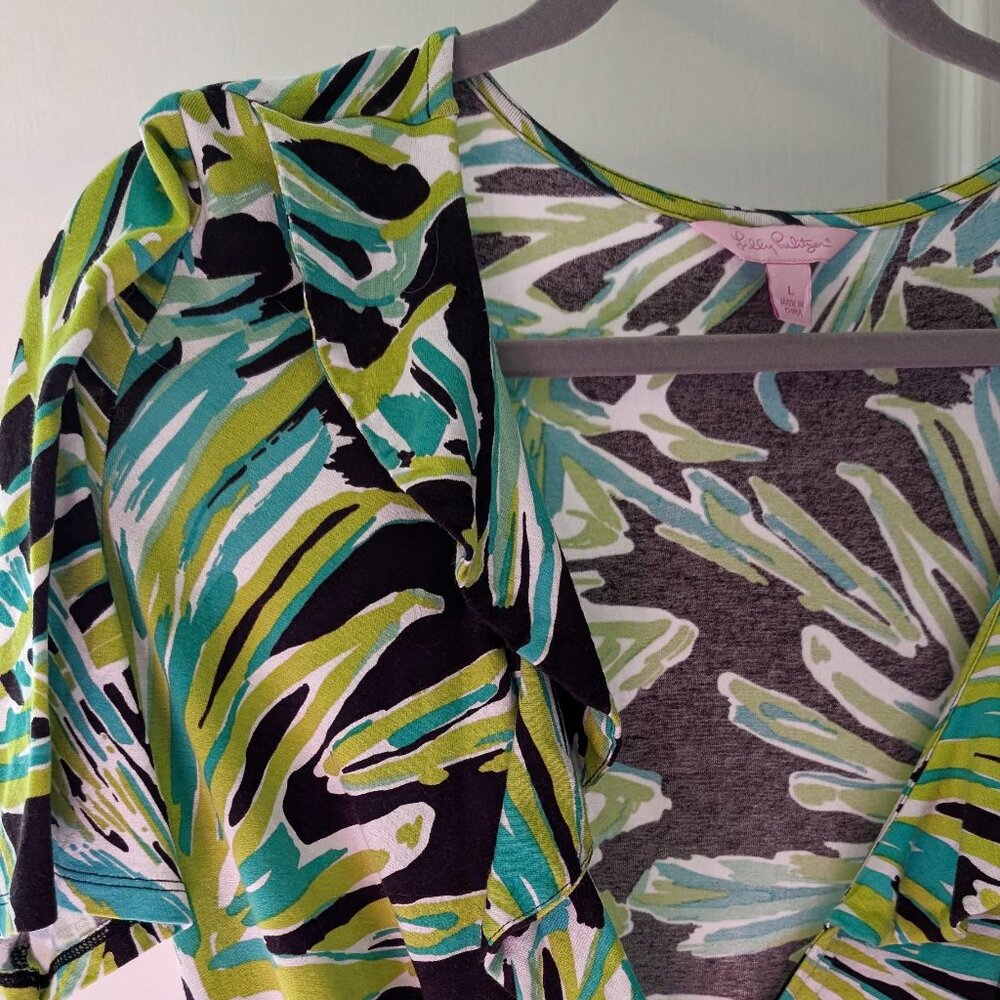 Lily Pulitzer Knee Length Green and Black Palm Wrap Dress with Short Sleeves